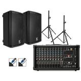 Harbinger LP9800 Powered Mixer Package With Kustom KPX10 Passive Speakers Stands and Cables