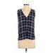Bobeau Sleeveless Blouse: Plunge Covered Shoulder Blue Plaid Tops - Women's Size Small