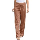Dadaria High Waisted Wide Leg Pants for Women Petite Solid Color Linen Sashes Straight Long Pants Trousers Khaki XXL Female