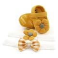 Baby Girl Anti-Slip Casual Flower Shoes Newborns Soft Soled Crib Shoes+ Headbands Sets Yellow