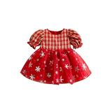 Peyakidsaa Little Baby Girls Christmas A-line Dress Short Sleeve Snowflake Print Plaid Patchwork Dress