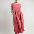 Women s Cotton Linen Dress with Pocket Vintage Loose Dress Kaftan Dress Long Sleeve Plain Summer Casual Maxi Sundress