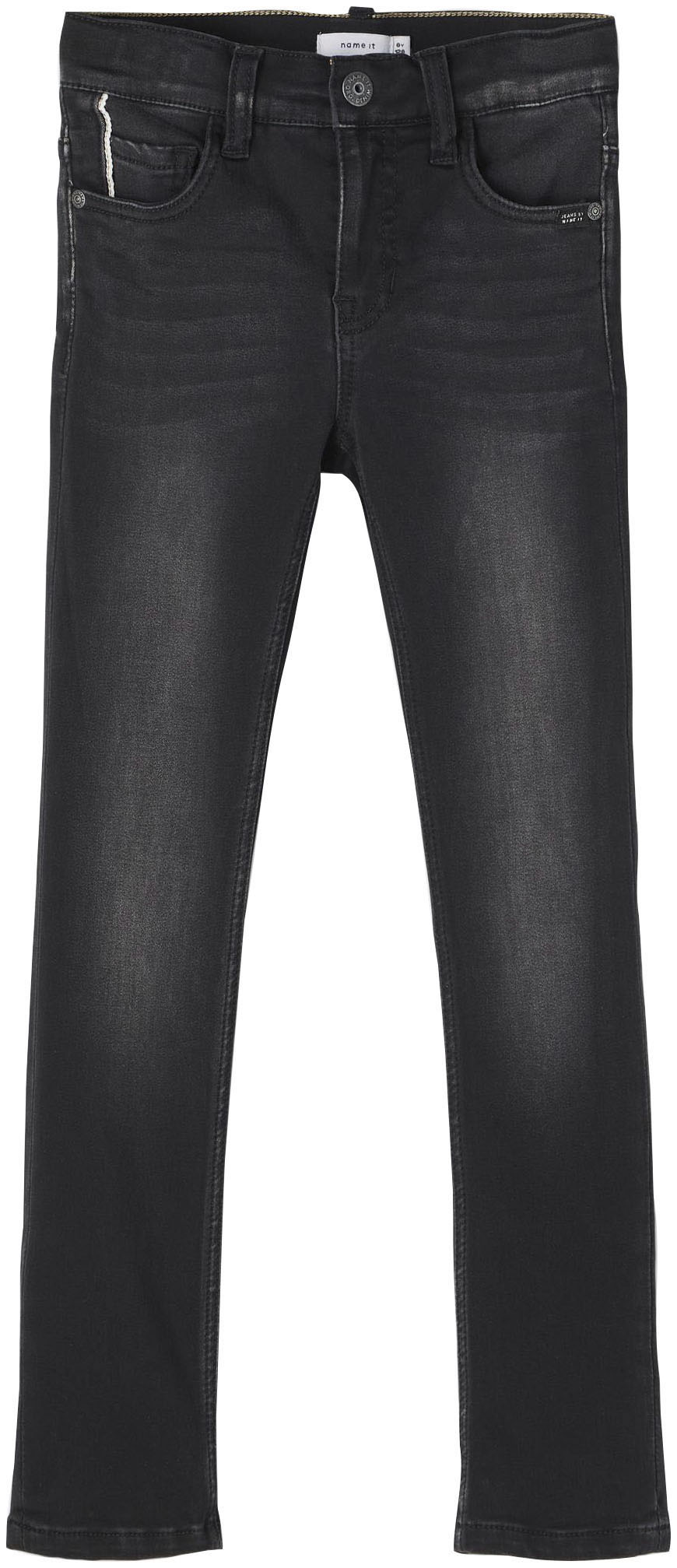 Stretch-Jeans NAME IT "NKMTHEO DNMCLAS PANT", Jungen, Gr. 152, N-Gr, schwarz (schwarz, denim), Denim/Jeans, Obermaterial: 41% Viskose, 31% Baumwolle, 25% Polyester, 3% Elasthan, Abriebeffekte, eng lang, Jeans 5-Pocket-Jeans Image