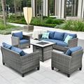 Ovios 5 Pieces Outdoor Patio Furniture with 30 Inch Fire Pit Table Wicker Patio Sectional Sofa with Single Chairs for Backyard Decor