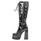 Only maker Lace Up Knee High Boots for Women Double Platform Square Toe Block Chunky Heeled Long Booties With Zippers Patent Leather Zip Tie Up Comfy Combat Motorcycle Party Dress Black Size 3