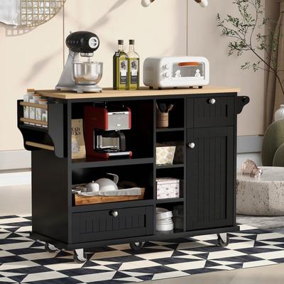 Kitchen Rolling Island Cart with Storage Cabinet and Solid wood desktop Microwave cabinet,Floor Standing Buffet Server Sideboard