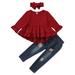 KIMI BEAR Toddler Baby Girls Pants Outfits 2T Toddler Girls Fall Winter Clothes 3T Girls Sweet Long Sleeve Dovetail Hem Top Ripped Jeans Headband 3PCs Set Burgundy