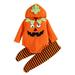 Gwiyeopda Newborn Baby Halloween Hooded Romper Outfits Unisex Pumpkin Jumpsuit and Footed Pants Sets