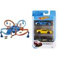 Hot Wheels DTN42 - Trackset, mit Rampen, Kreuzungen und Looping, Parkplätzen, + 1 Fahrzeug, Spielzeug Autorennbahn ab 5 Jahren & K5904 - 3er Geschenkset 1:64 Die-Cast Fahrzeuge Sortiert, ab 3 Jahren