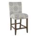 Wooden Counter Height Stool with Medallion Pattern Fabric Upholstery, Gray