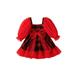 Sunisery Kids Toddler Girls Christmas Dress Plaid Mesh Patchwork Puff Long Sleeve Dress Autumn Winter Princess A-line Dress Red 18-24 Months