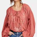 Free People Tops | Free People Maria Maria Crochet Embroidered Blouse Athena Red Peasant Top, Sz M | Color: Cream/Pink | Size: M