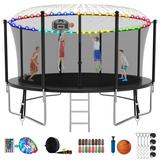 Kumix Trampoline with Enclosure 1400LBS 14FT Trampoline for Kids Adults Trampoline with Basketball Hoop Ladder Lights Sprinkler and Socks Outdoor Heavy Duty Trampoline for Family