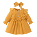 Kucnuzki 3 Months Baby Girls Winter Dress Causal Dress 6 Months Long Sleeve Solid Color Lace Layer Upper Ruffled Layer Casual Dress Headband 2PCS Set Yellow