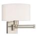 1 Light Traditional Steel Swing Arm Wall Sconce with Off-White Fabric Shade-11 inches H By 11 inches W-Brushed Nickel Finish Bailey Street Home