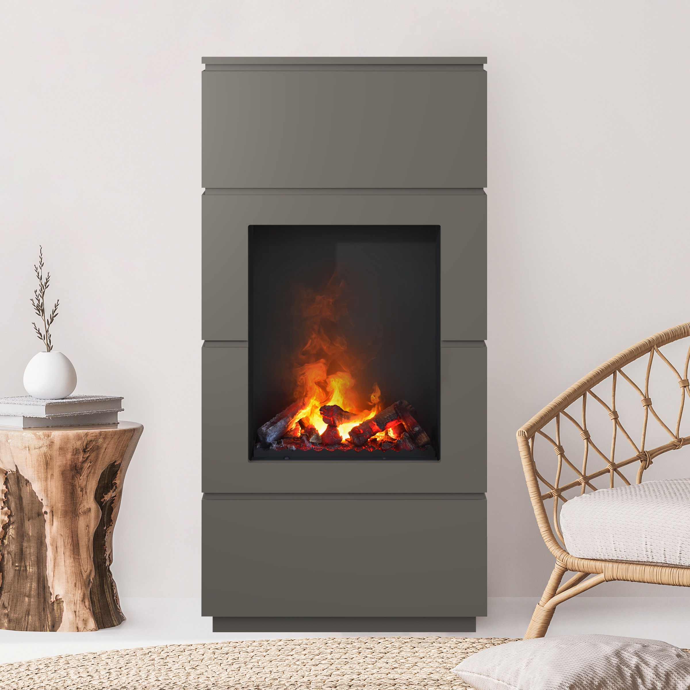 Noble Flame KANT [Stand-Elektrokamin Opti-myst]: Quarzgrau - Dekoholz - Brennraum: Schwarz, spiegelnd