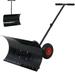 Snow Pusher w/Wheels Metal Snow Pusher Shovel for Driveway 29 Angled Blade 10 Anti-skid Wheels Cushioned Handle