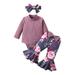 elfinBE Newborn Baby Girl Long Sleeve Knit Fabric Romper Printed Flare Pants And Hairband 3PCs Outfits Set 0-12M