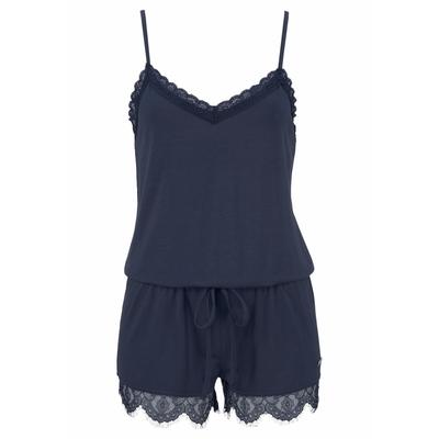 Playsuit LASCANA, Damen, Gr. 42, N-Gr, blau, Single Jersey, Obermaterial: 66% Polyester, 29% Viskose, 5% Elasthan, elegant, figurumspielend kurz, V-Ausschnitt, ohne Ärmel, Overalls, mit Spitzensaum