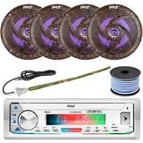 Pyle PLMRB39W Single DIN AM/FM Radio USB/AUX Bluetooth Marine Stereo White Receiver with 2 Pairs of 6.5 240W Camouflage Waterproof Marine LED Speakers Rubber Mast Antenna 18 Gauge Speaker Wire