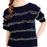 J. Crew Tops | J. Crew Ruffle Boat Neck Sweater Top Short Sleeve Navy Ruffled Shirt Small | Color: Blue/White | Size: S