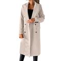 Women's Faux Wool Coat Blouse Thin Coat Trench Long Jacket Ladies Slim Long Belt Elegant Overcoat Outwear V Neck Short Sleeve Top (Beige-A, XXL)