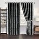 Prime Linens Jacquard Curtains Eyelet Ring Top Fully Lined Curtain + Free Tiebacks, Matching Cushions and Cushion Covers (Black-Cleo Curtain, 90x90-Pair)