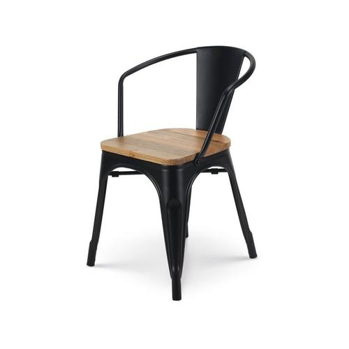 Chaise en métal noir mat style industriel avec assise en bois clair - Avec accoudoirs