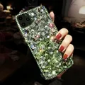 Coque de téléphone en diamant cristal vert nickel é Bling fait à la main coque de luxe pour iPhone