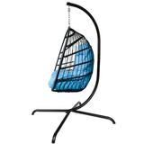 Swing Egg Chair with Stand Indoor Outdoor C Type bracket with cushion and pillow Patio Wicker folding Hanging Chair for Patio Porch Backyard Balcony- Blue