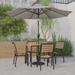 Emma + Oliver 5 Piece Patio Table Set - 4 Synthetic Faux Teak Stackable Chairs - 35 Square Faux Teak Table - Gray Umbrella with Base