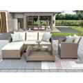 HighSound 4 Pcs Patio Conversation Set Rattan Wicker Patio Furniture Set Sectional Outdoor Sofa Chair Table Set with Cushions Beige