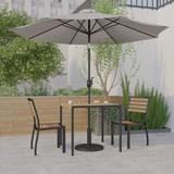 Emma + Oliver 5 Piece Patio Table Set - 2 Synthetic Faux Teak Stackable Chairs - 35 Square Faux Teak Table - Gray Umbrella with Base