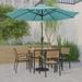 Emma + Oliver 7 Piece Patio Table Set - 4 Synthetic Faux Teak Stackable Chairs - 35 Square Faux Teak Table - Teal Umbrella with Base