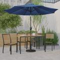 Emma + Oliver 7 Piece Patio Table Set - 4 Synthetic Faux Teak Stackable Chairs - 30 x 48 Faux Teak Table - Navy Umbrella with Base