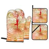 Dance Yoga Woman Oven Mitts And Pot Holders Sets Baking Sets For Kitchen Bbq Gloves Heat Resistant Cooking Nature Waterdrop Meditation 4 Pcs