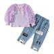 Baby Girl Two Piece Outfit Toddler Kids Baby Girls Tulle Puff Sleeve Ribbed T Shirt Tops Hole Crop Denim Jeans Long Pants 2PCS Outfits Clothes Set Baby Arrival Outfit Girl