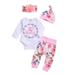 Esho 4Pcs Baby Girls Spring Autumn Clothes Set Toddler Letter Print Rompers Infants Flower Long Pants Newborn Floral Beanie Cap Baby Cute Bowknot Floral Headband 0-24 Months