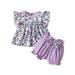 Calsunbaby 2Pcs Toddler Infant Baby Girls Casual Outfits Floral Print Fly Sleeve Pullover + Shorts with Bow Purple 0-6 Months