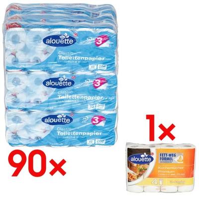 alouette 90 Rollen Toilettenpapier 3-lagig - (9 Pack à 10 Rollen) inkl. Küchenrollen »Pre weiß