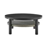 Aileen Outdoor Patio Round Coffee Table in Black Aluminum with Grey Wicker Shelf
