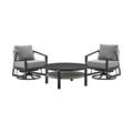 Aileen 3 Piece Patio Outdoor Swivel Seating Set in Black Aluminum with Grey Wicker and Cushions