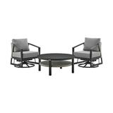 Aileen 3 Piece Patio Outdoor Swivel Seating Set in Black Aluminum with Grey Wicker and Cushions