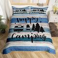 richhome Camping Truck Bedding Set for Boys Youth Teens Double Navy Blue Stripes Barn Comforter Cover bedding & linen Duvet Cover Kids Girls Camper Happy Travelling Printed Bedspread Cover