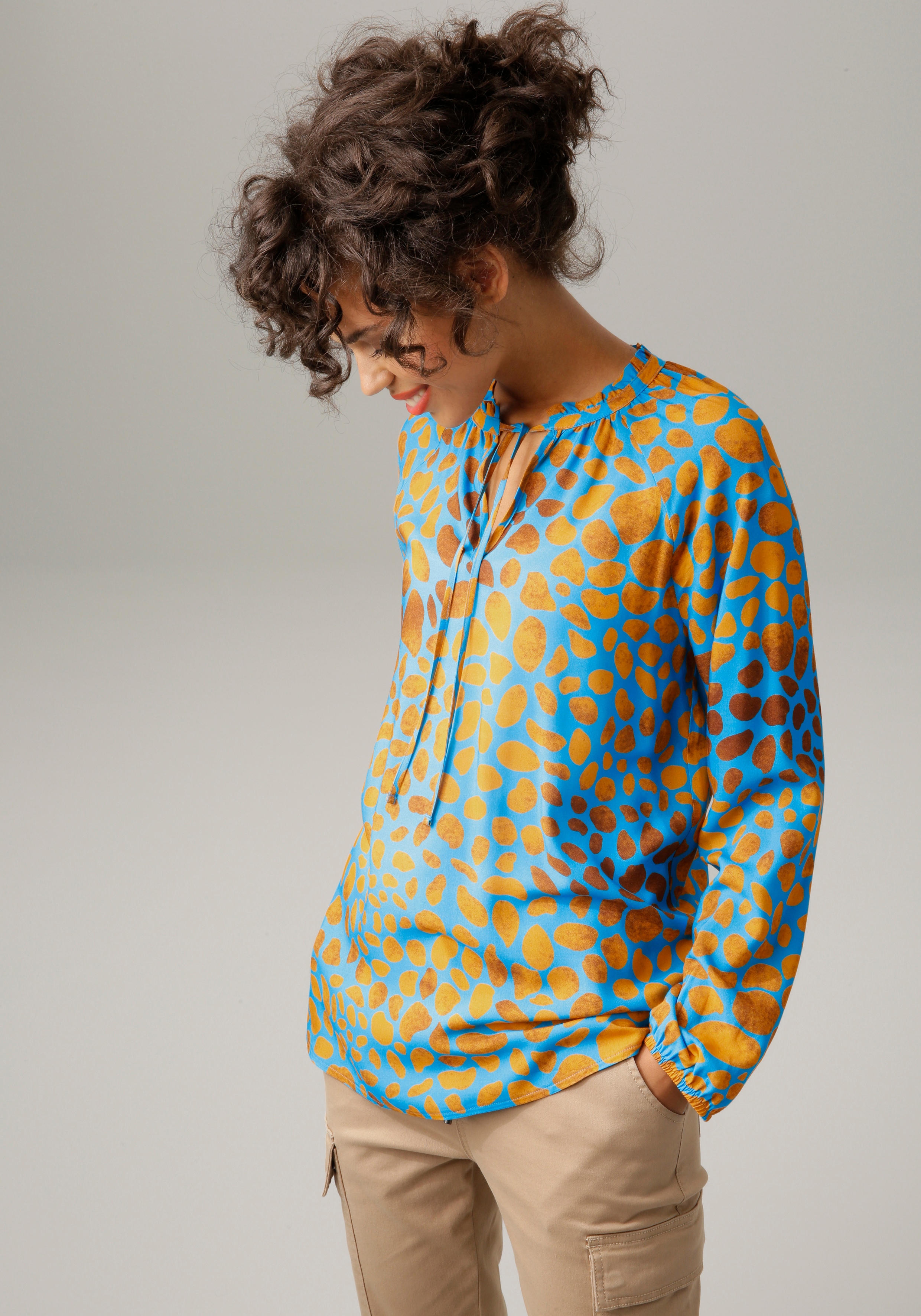 Schlupfbluse ANISTON CASUAL, Damen, Gr. 48, bunt (türkis, hellorange, braun), Web, Obermaterial: 100% Viskose, bedruckt, gemustert, lässig geschnitten hüftbedeckend, V-Ausschnitt, Raglanärmel elastischer Bund mit Gummizug, Blusen Schlupfbluse, mit...