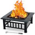 Wood Burning Fire Pit SEGMART 32 Square Metal Fire Pit with Grill Net BBQ Grill Outdoor Fire Pit Bowl with Porker Backyard Patio Garden Fire Pit for Camping/Heating/Picnic LL585