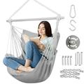 Large Hammock Chair Swing Relax Hanging Rope Swing Chair with Detachable Metal Support Bar & Two Seat Cushions Cotton Hammock Chair Swing Seat for Yard Bedroom Patio Porch Indoor Outdoor