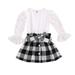 Bagilaanoe 2Pcs Toddler Baby Girls Skirt Set Long Mesh Flare Sleeve Shirts Tops + Plaid Skirt 1T 2T 3T 4T 5T 6T Kids Casual Outfits