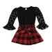 Bagilaanoe 2Pcs Toddler Baby Girls Skirt Set Long Mesh Flare Sleeve Shirts Tops + Plaid Skirt 1T 2T 3T 4T 5T 6T Kids Casual Outfits