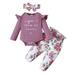 NZRVAWS Baby Girls Outfits 0 Months Baby Girls Letter Print 3 Months Baby Girls Romper Top Floral Print Pants Headband 3Pcs Winter Clothes Set Purple